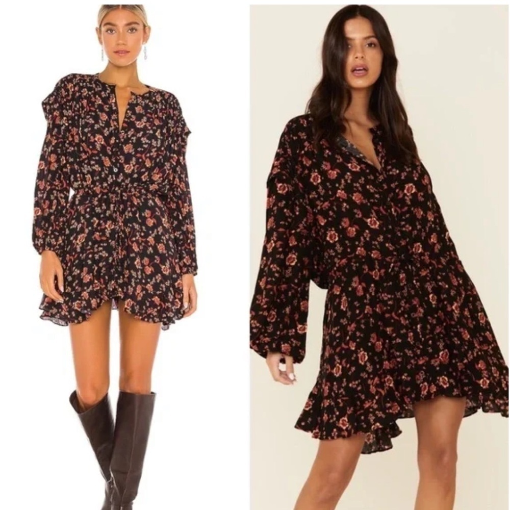 NEW Free People Flower Fields Long Sleeve orange/Black Boho Flowy Mini Dress